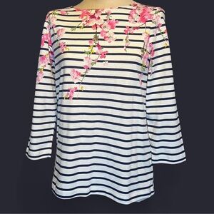 Joules White & Black Striped Top w Pink Floral Accents